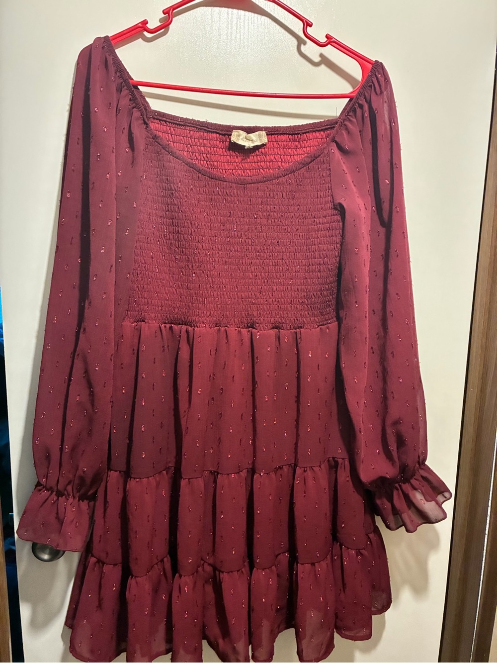 Altar'd State Burgundy Smocked Tiered Dress with Puff Sheer sleeves